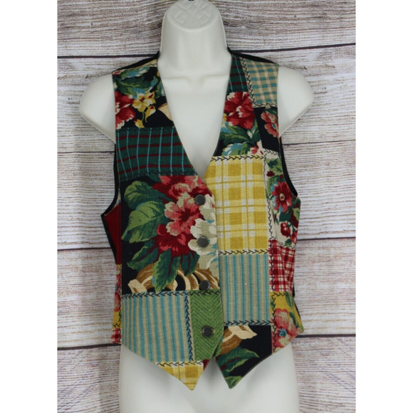 VINTAGE Elements Womens Size Small Button Down Floral Vest Red Yellow Black - Picture 1 of 6
